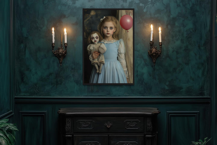 Victorian Girl with Creepy Clown Doll and Red Balloon Framed Canvas Wall Art