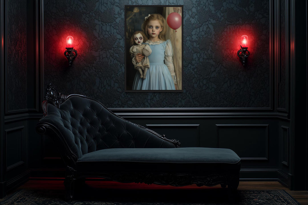 Victorian Girl with Creepy Clown Doll and Red Balloon Framed Canvas Wall Art