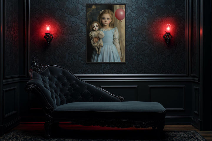 Victorian Girl with Creepy Clown Doll and Red Balloon Framed Canvas Wall Art