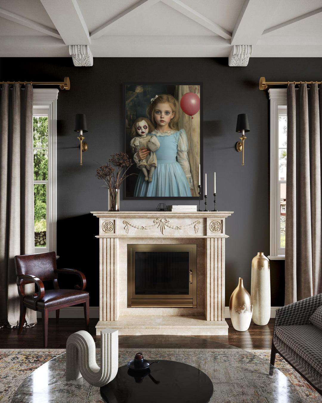 Victorian Girl with Creepy Clown Doll and Red Balloon Framed Canvas Wall Art