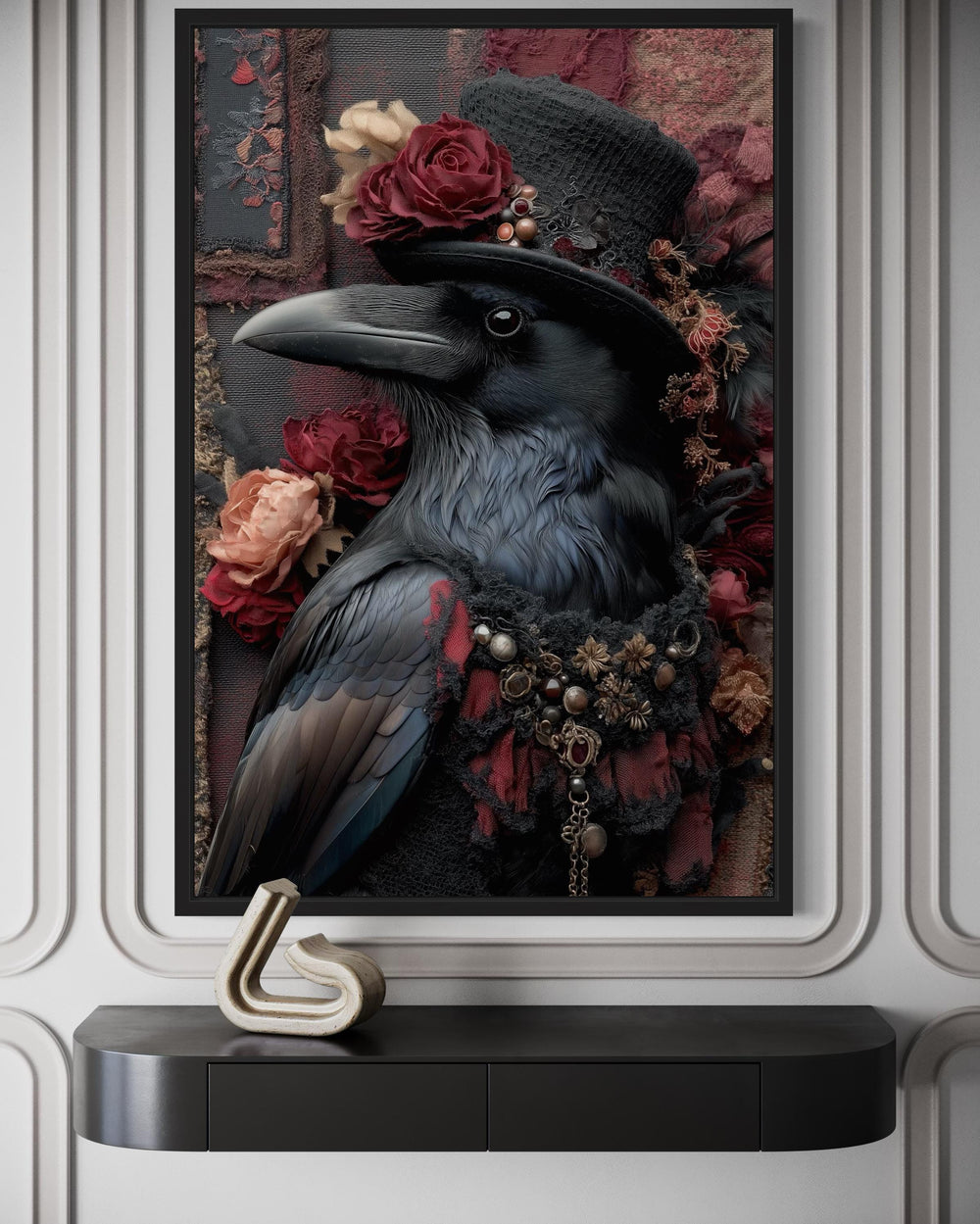 Victorian Gothic Raven Wall Art Elegant Crow in Top Hat with Roses for Stylish Fireplace or Moody Living Room Decor