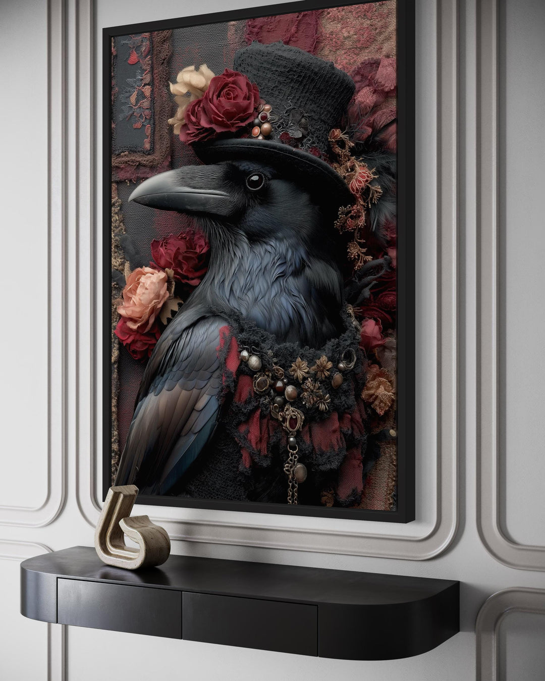 Victorian Gothic Raven Wall Art Elegant Crow in Top Hat with Roses for Stylish Fireplace or Moody Living Room Decor