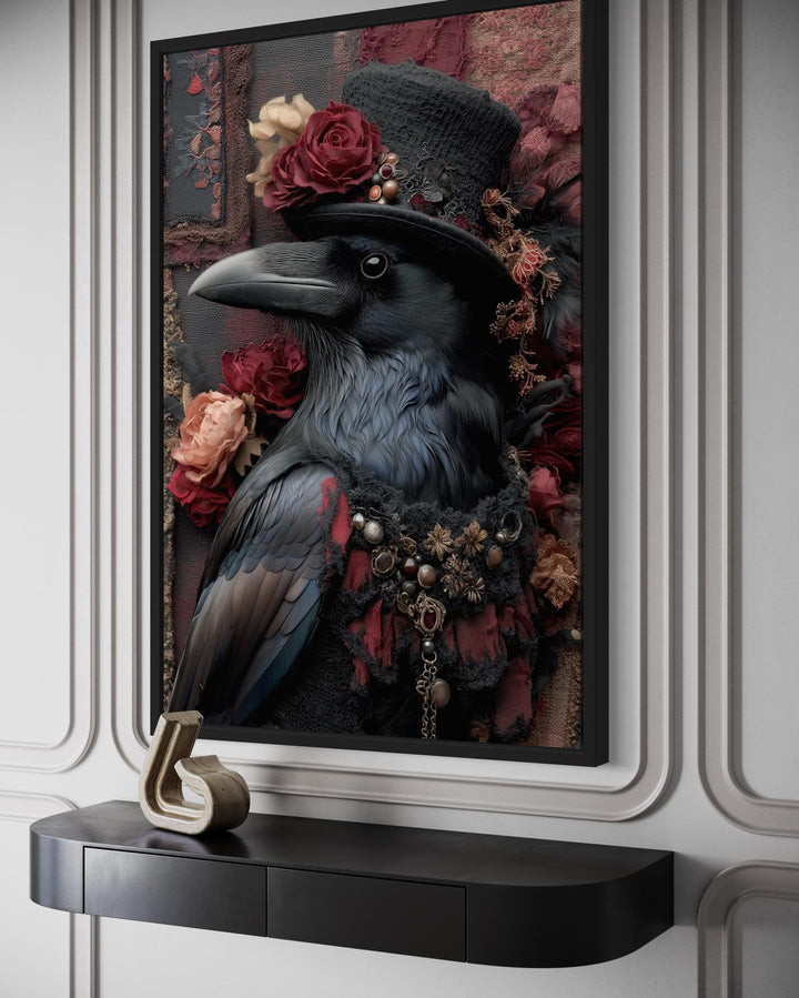 Victorian Gothic Raven Wall Art Elegant Crow in Top Hat with Roses for Stylish Fireplace or Moody Living Room Decor