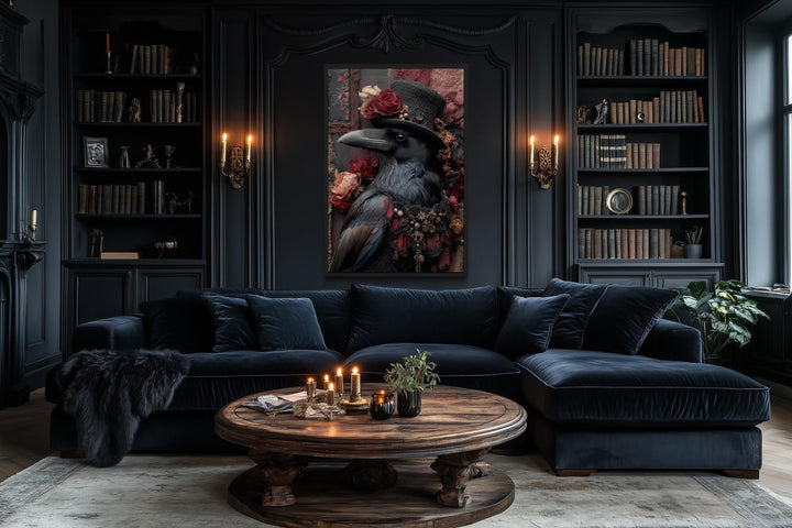 Victorian Gothic Raven Wall Art Elegant Crow in Top Hat with Roses for Stylish Fireplace or Moody Living Room Decor