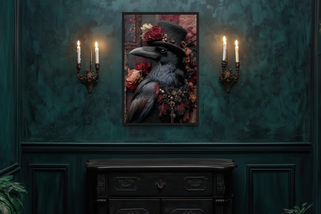 Victorian Gothic Raven Wall Art Elegant Crow in Top Hat with Roses for Stylish Fireplace or Moody Living Room Decor