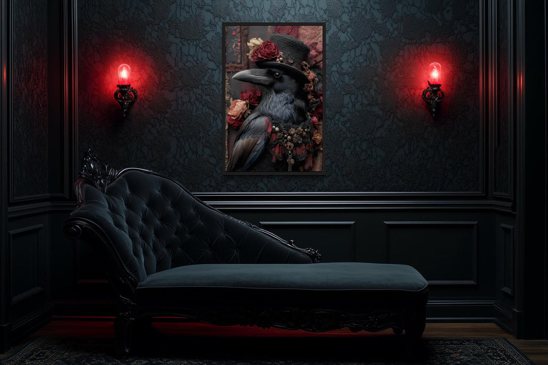 Victorian Gothic Raven Wall Art Elegant Crow in Top Hat with Roses for Stylish Fireplace or Moody Living Room Decor
