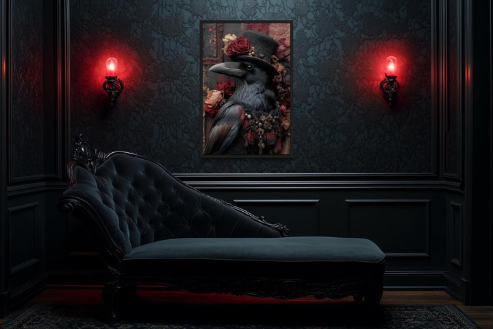 Victorian Gothic Raven Wall Art Elegant Crow in Top Hat with Roses for Stylish Fireplace or Moody Living Room Decor