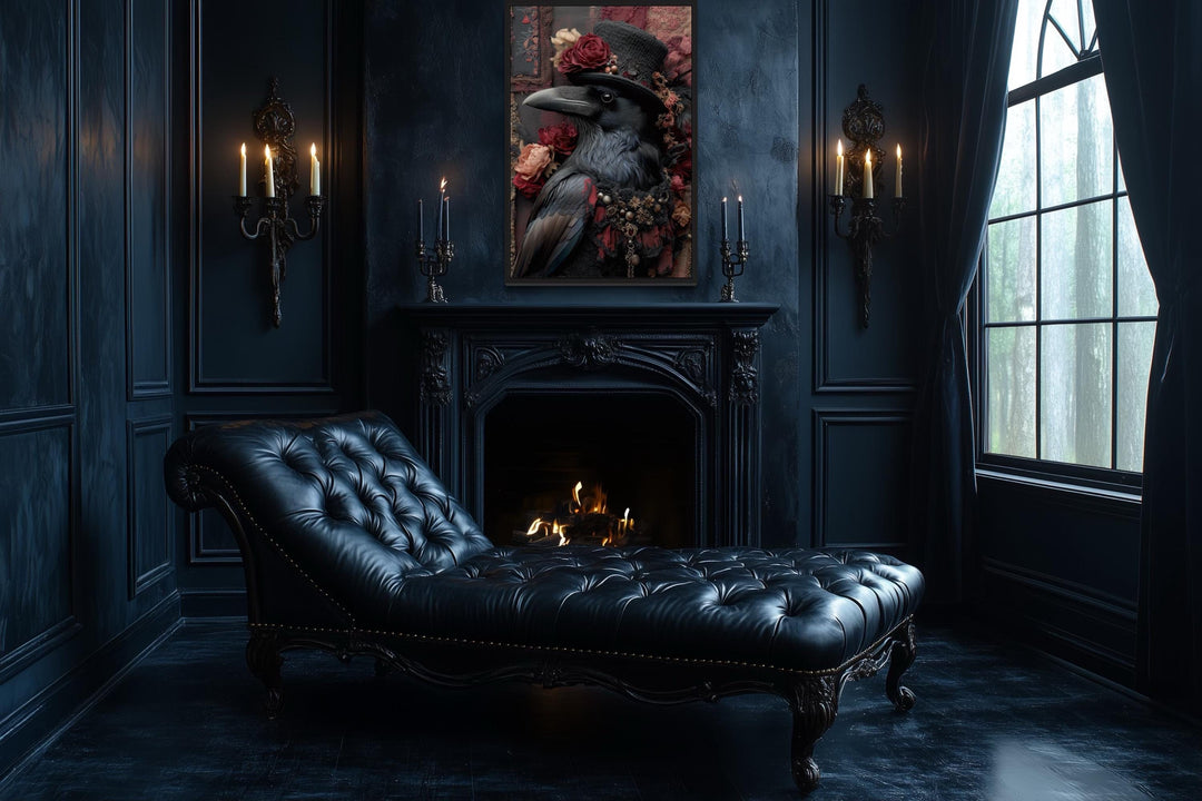 Victorian Gothic Raven Wall Art Elegant Crow in Top Hat with Roses for Stylish Fireplace or Moody Living Room Decor