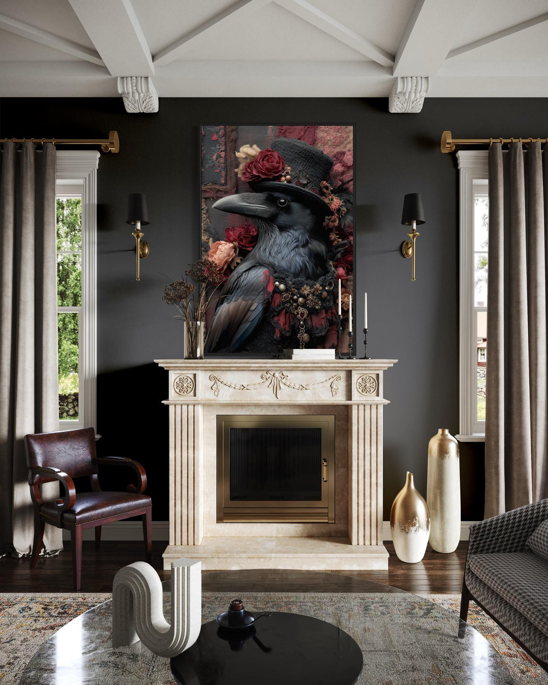 Victorian Gothic Raven Wall Art Elegant Crow in Top Hat with Roses for Stylish Fireplace or Moody Living Room Decor