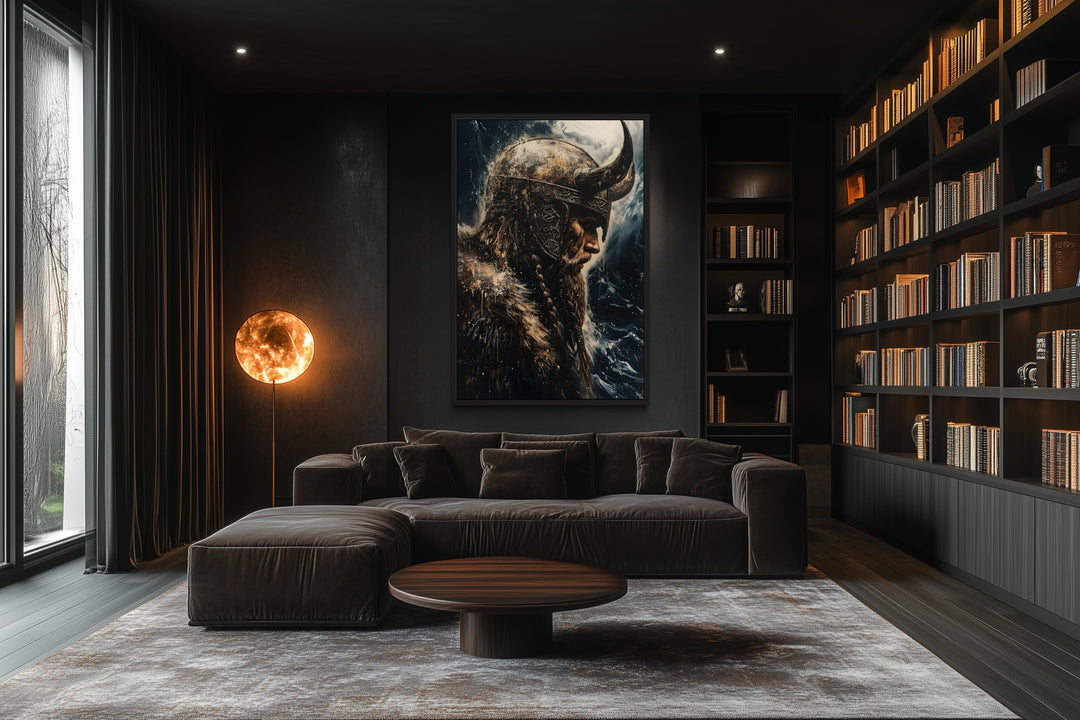 Viking On Ocean Background Framed Canvas Wall Art