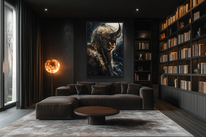 Viking On Ocean Background Framed Canvas Wall Art