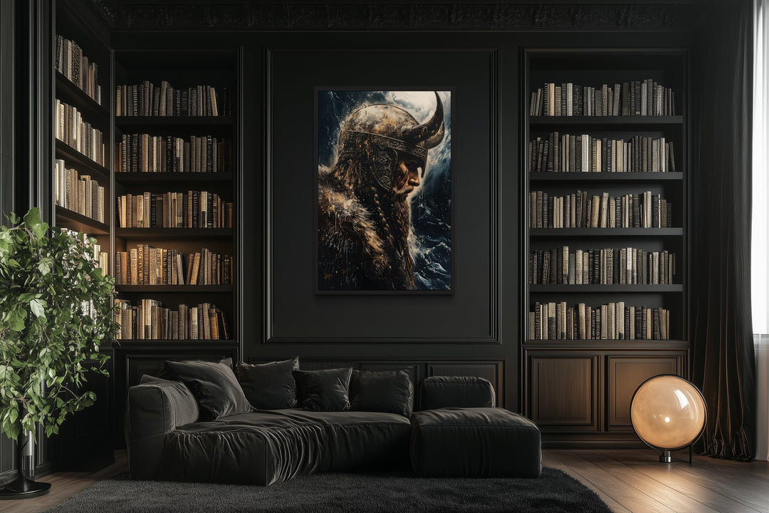 Viking On Ocean Background Framed Canvas Wall Art