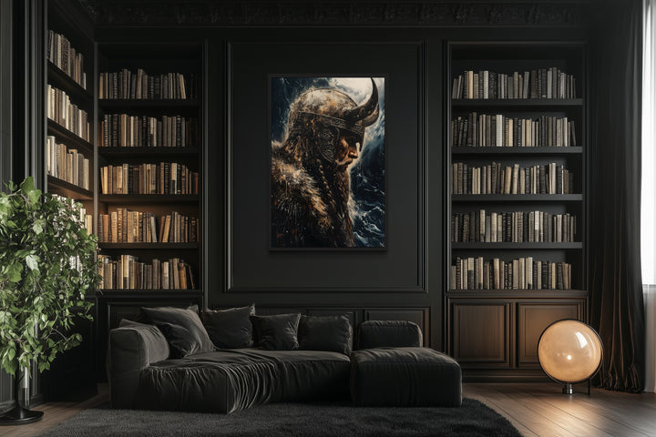 Viking On Ocean Background Framed Canvas Wall Art