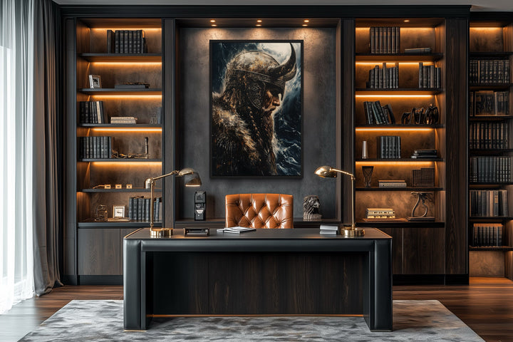 Viking On Ocean Background Framed Canvas Wall Art