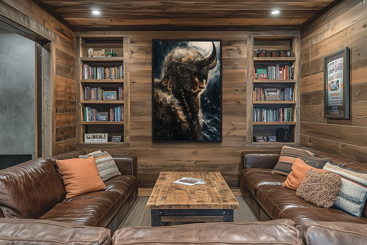Viking On Ocean Background Framed Canvas Wall Art