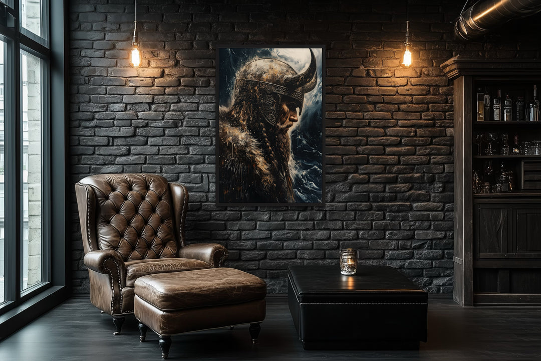 Viking On Ocean Background Framed Canvas Wall Art