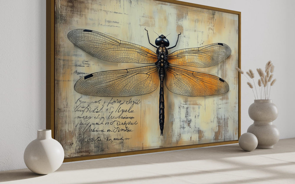 Vintage Dragonfly Illustration Framed Rustic Wall Art