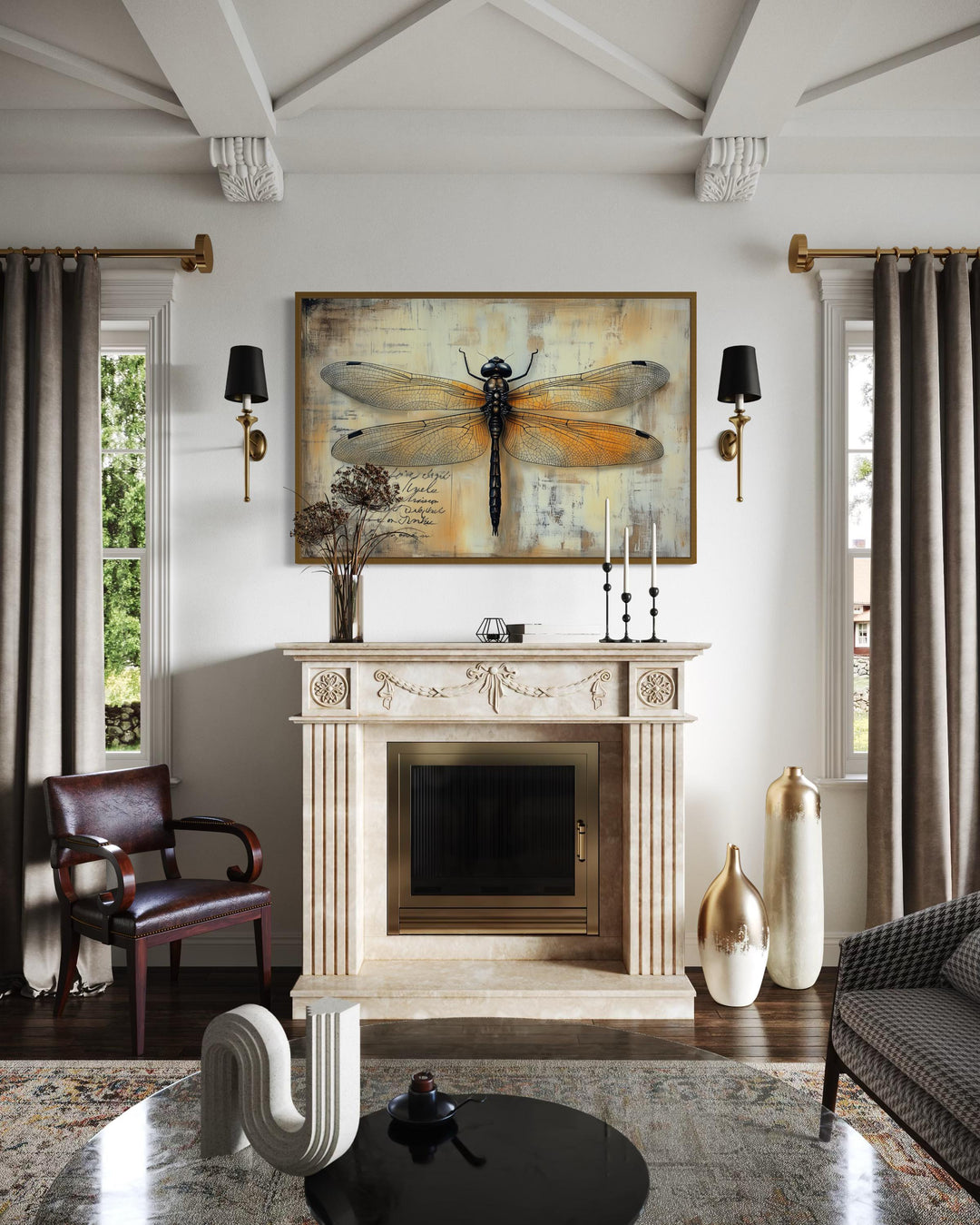 Vintage Dragonfly Illustration Framed Rustic Wall Art