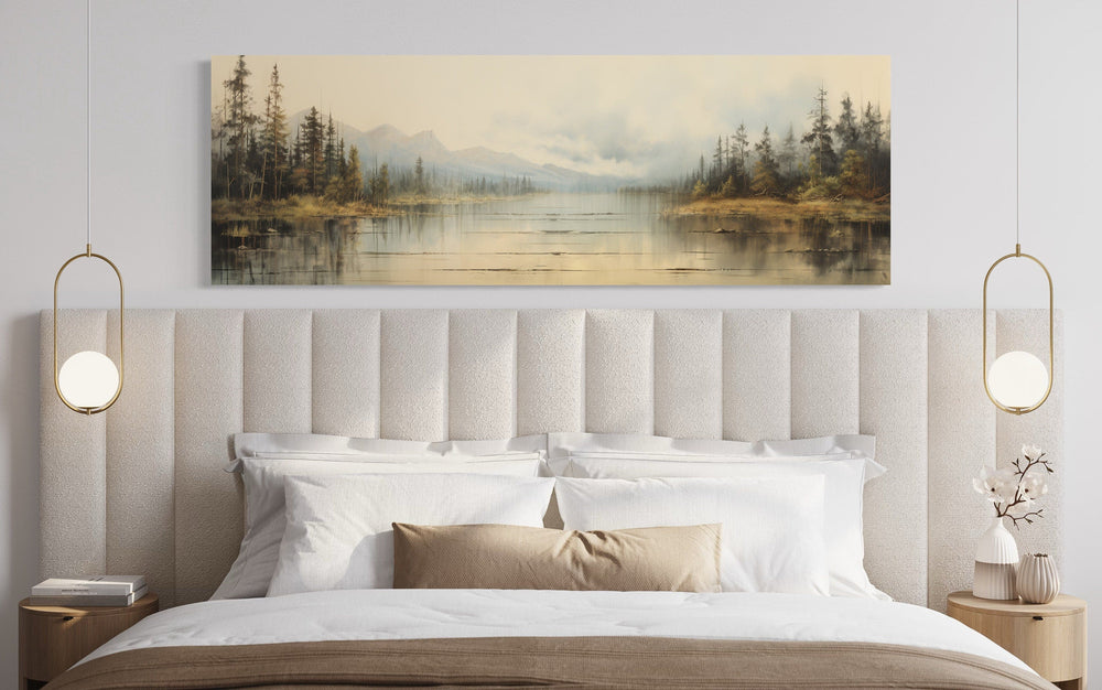 Vintage Neutral Lake Landscape Long Above Bed Horizontal Wall Art