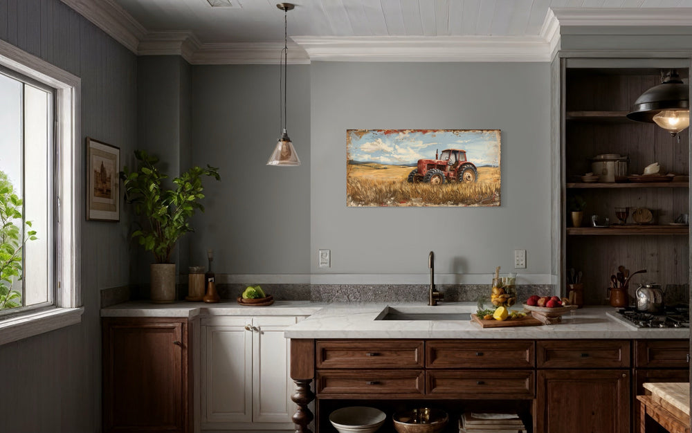 Vintage Old Red Tractor In The Wheat Field Rustic Canvas Wall Art