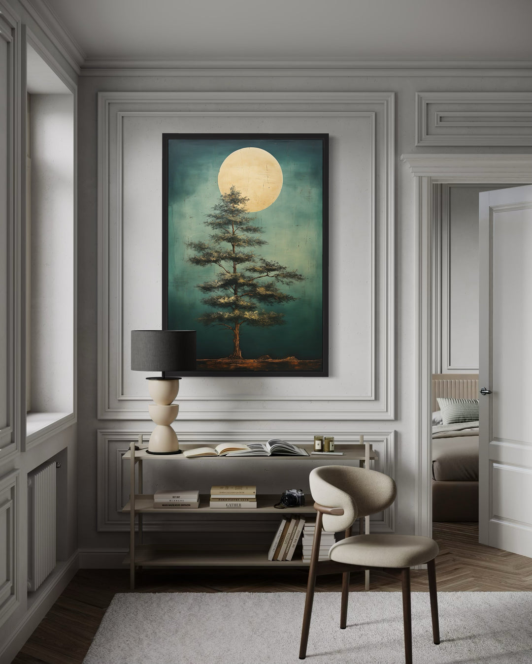 Vintage Pine Tree And Moon Emerald Green Framed Canvas Wall Art