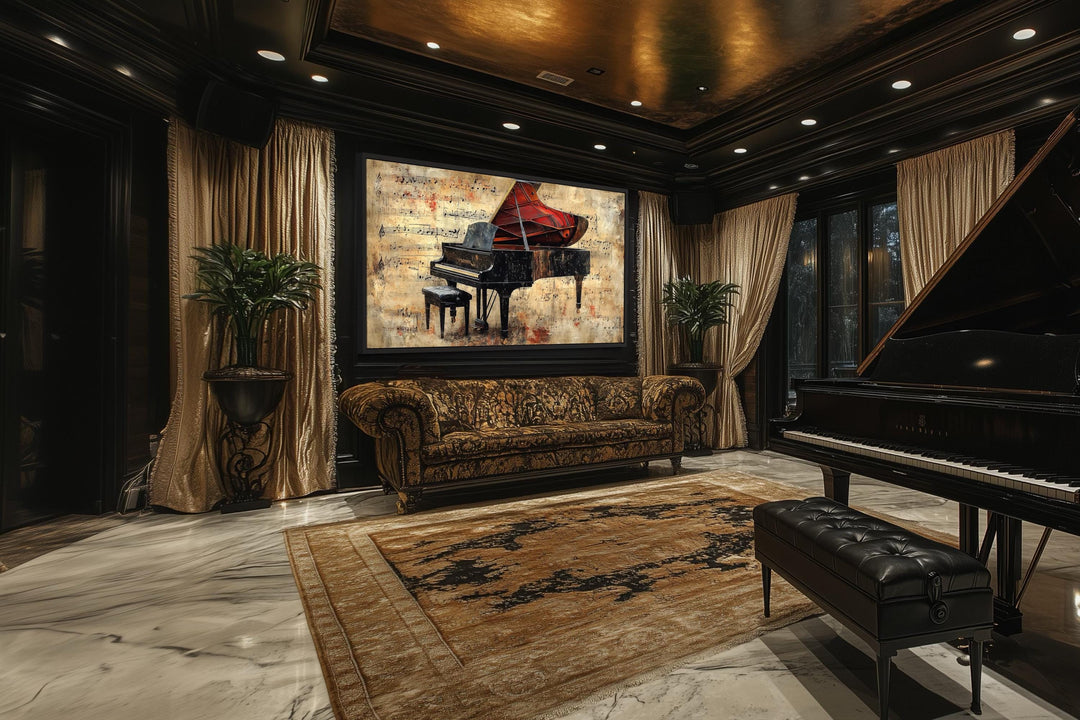 Vintage Style Grand PianoWith Music Notes Canvas Wall Art
