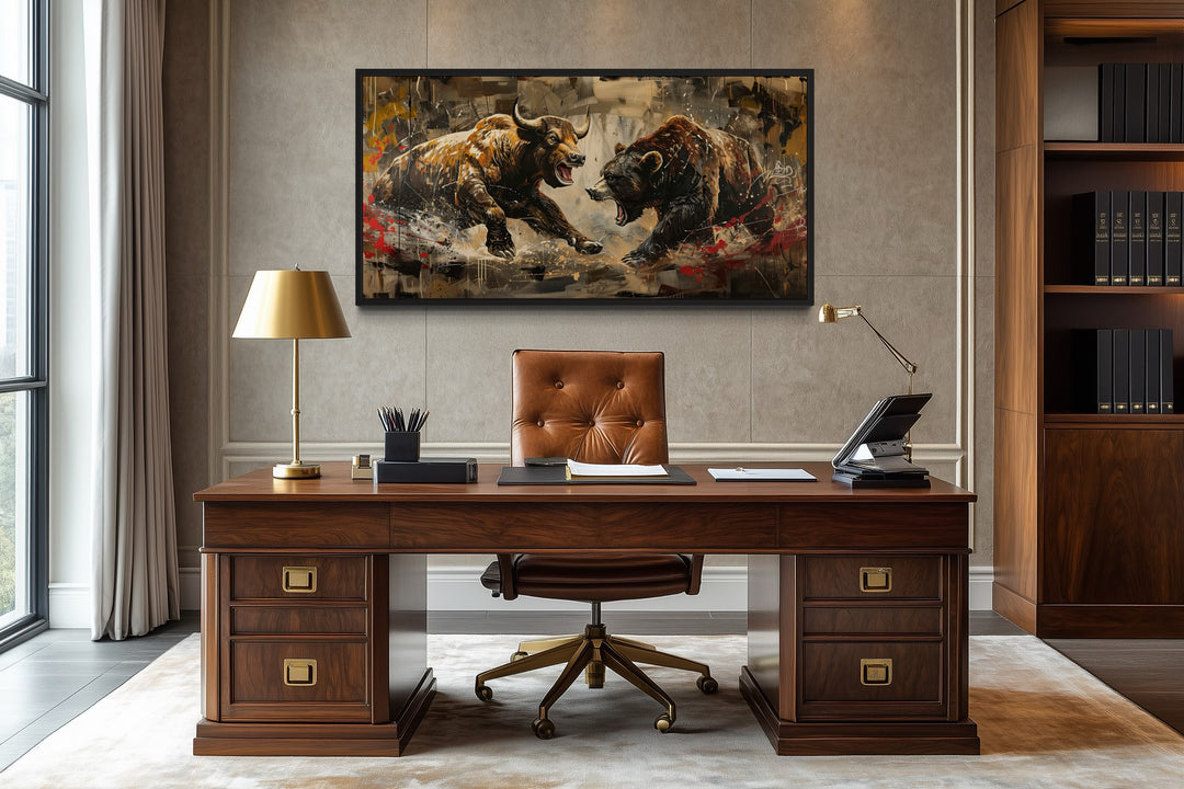 Wall Street Bull Fighting Bear Graffiti Painting Extra Large Canvas Wall Art