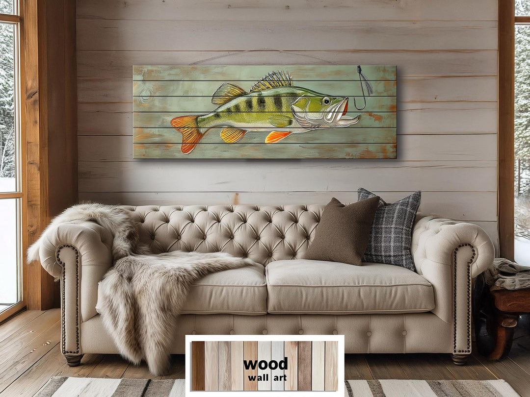 Walleye Fish Long Horizontal Real Wood Wall Art For Fishing Cabin Decor