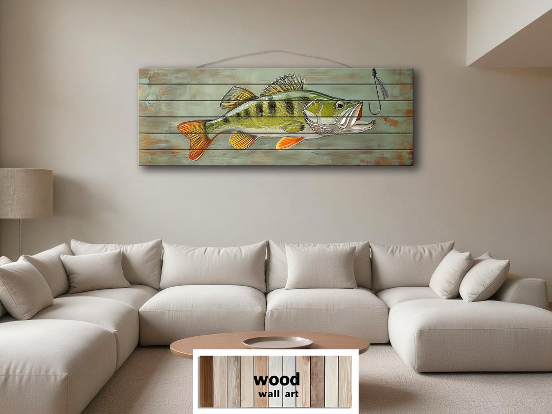 Walleye Fish Long Horizontal Real Wood Wall Art For Fishing Cabin Decor