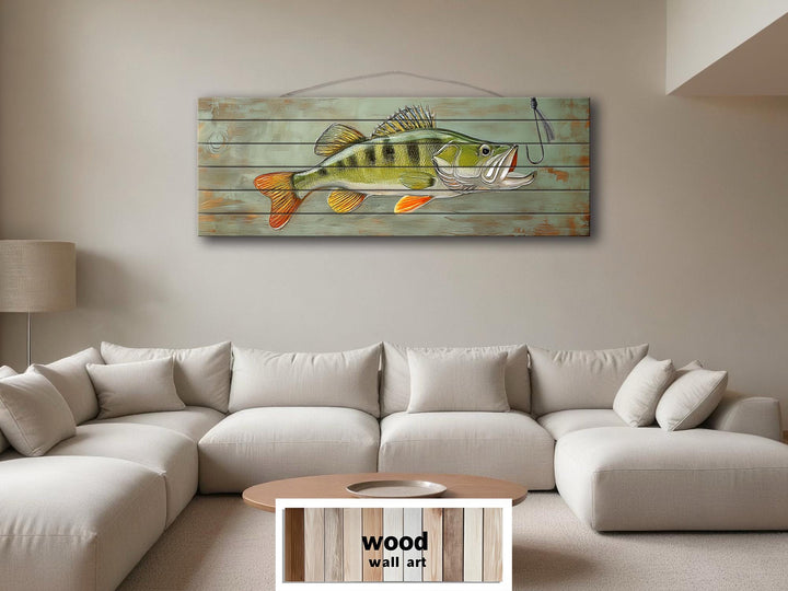Walleye Fish Long Horizontal Real Wood Wall Art For Fishing Cabin Decor