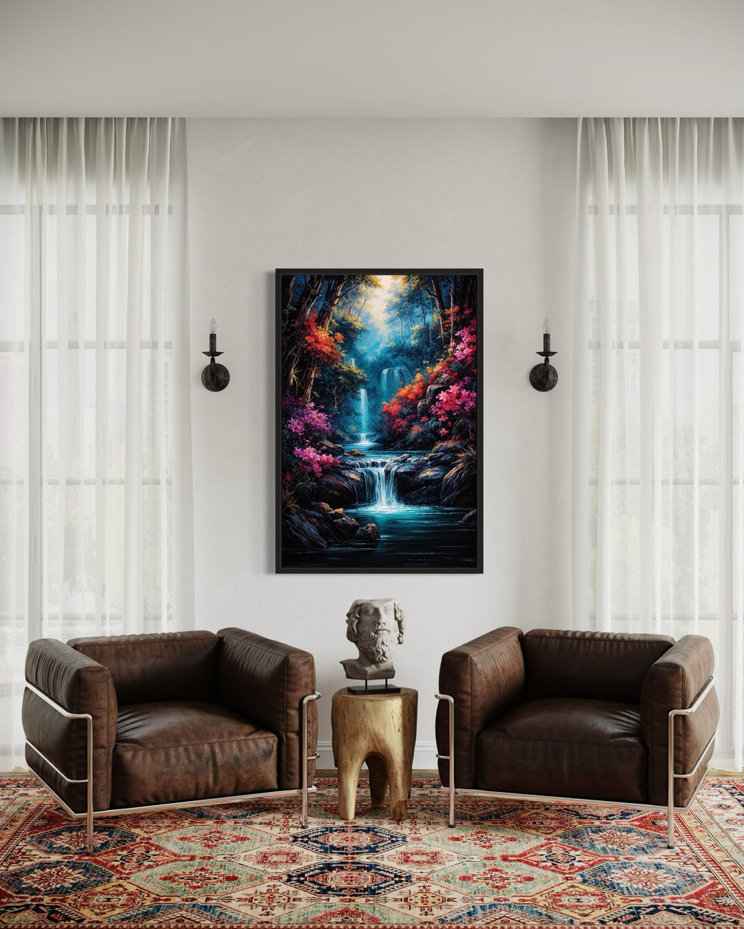Waterfall In Fantasy Forest Painting Framed Canvas Wall Art