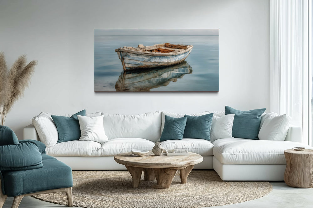 Weathered Old Wooden Boat Floating On Still Blue Water Canvas Print For Beach Or Lake House Decor