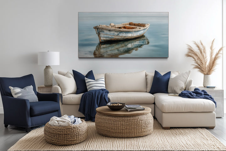 Weathered Old Wooden Boat Floating On Still Blue Water Canvas Print For Beach Or Lake House Decor