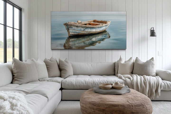 Weathered Old Wooden Boat Floating On Still Blue Water Canvas Print For Beach Or Lake House Decor