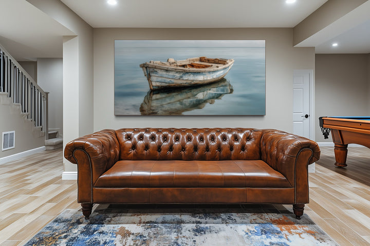 Weathered Old Wooden Boat Floating On Still Blue Water Canvas Print For Beach Or Lake House Decor