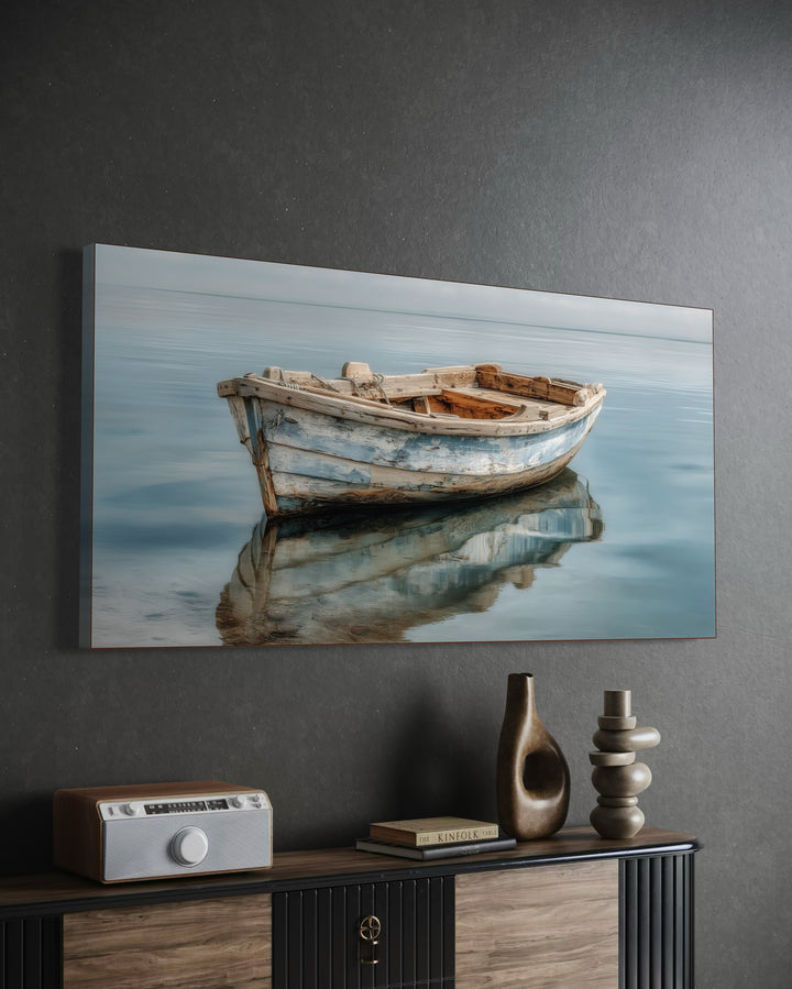 Weathered Old Wooden Boat Floating On Still Blue Water Canvas Print For Beach Or Lake House Decor