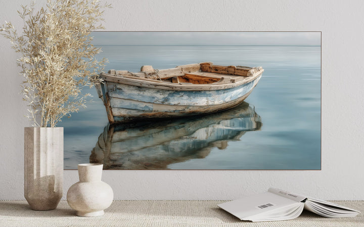 Weathered Old Wooden Boat Floating On Still Blue Water Canvas Print For Beach Or Lake House Decor