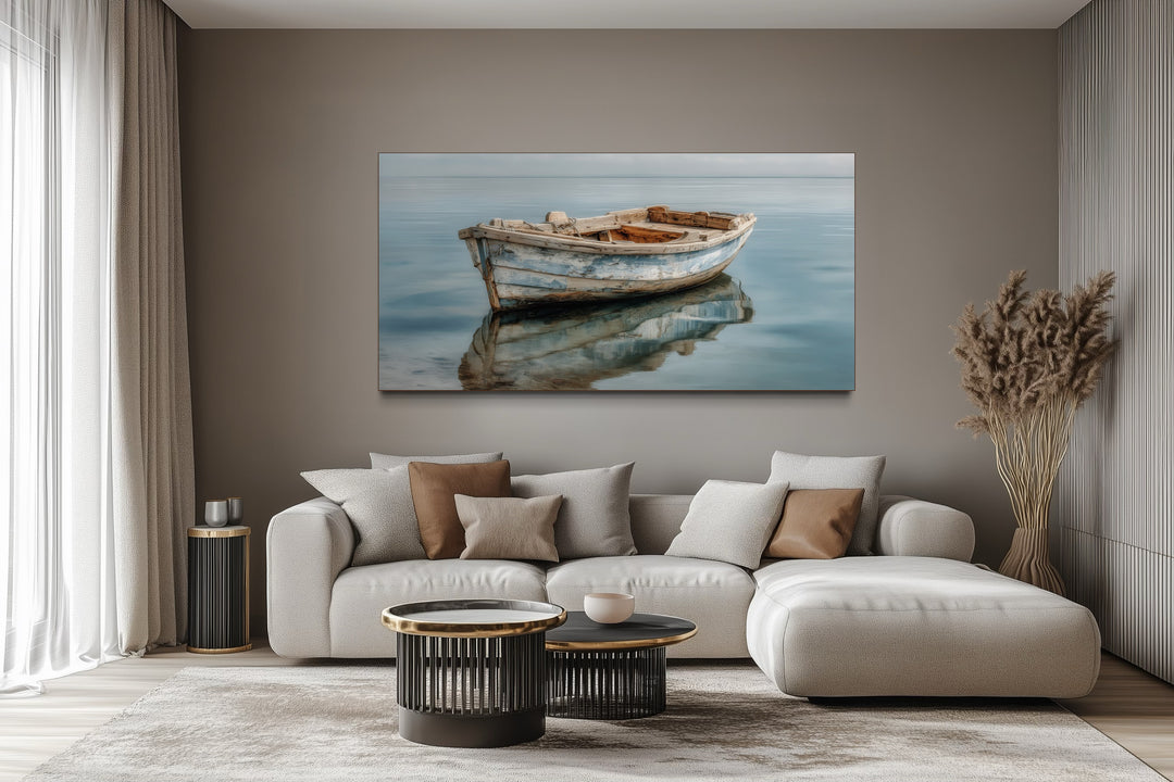 Weathered Old Wooden Boat Floating On Still Blue Water Canvas Print For Beach Or Lake House Decor