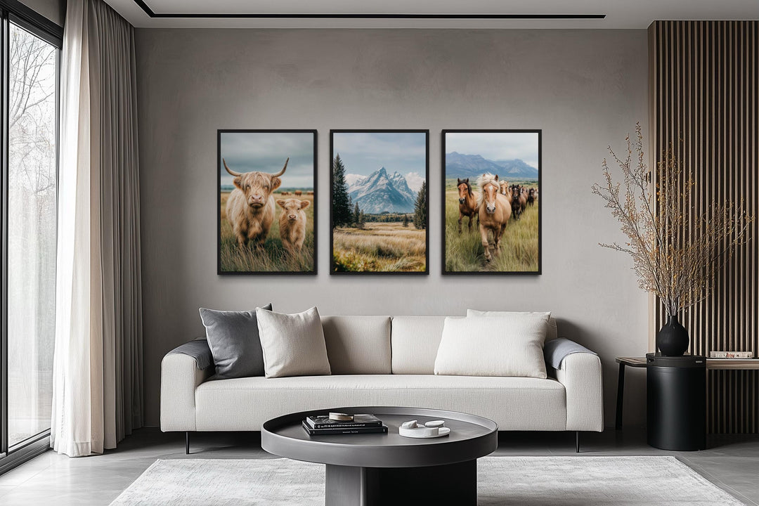 Western Highland Cow And Calf, Grand Teton Mountain, and Galloping Horse Wall Art Set of 3