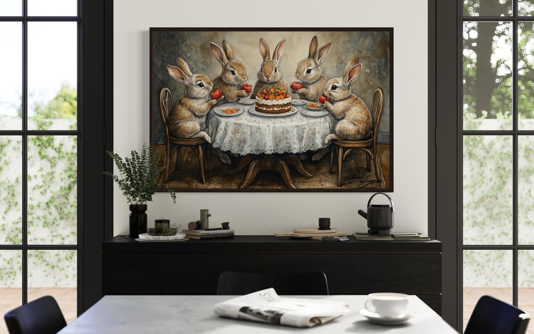 Whimsical Bunny Tea Party Framed Canvas Wall Art For Farmhouse Kitchen Decor