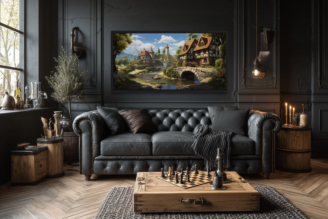 Whimsical Medieval Village With Tudor Houses Framed Canvas Wall Art