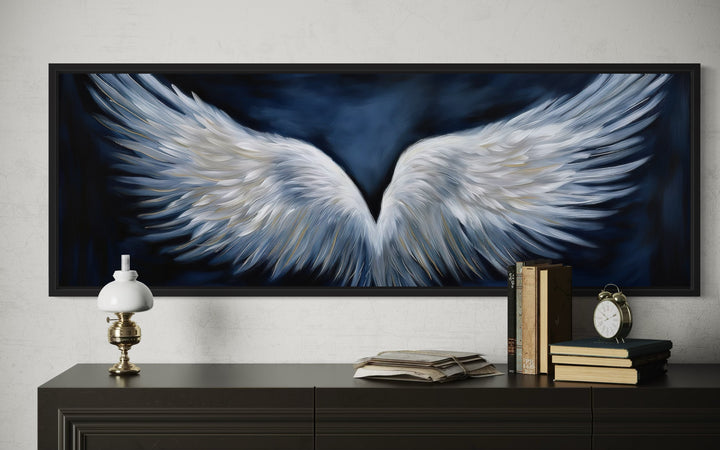 White Angel Wings On Blue Background Horizontal Framed Canvas Above Bed Wall Art