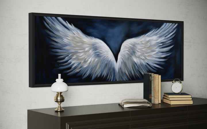 White Angel Wings On Blue Background Horizontal Framed Canvas Above Bed Wall Art