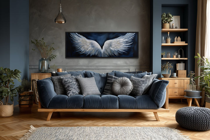 White Angel Wings On Blue Background Horizontal Framed Canvas Above Bed Wall Art