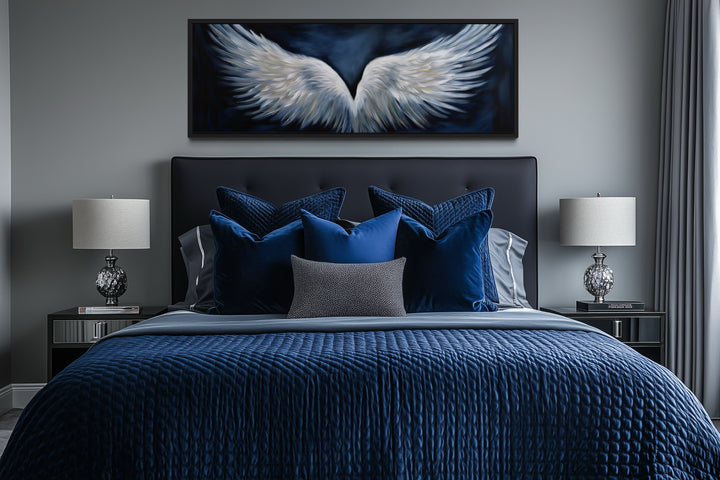 White Angel Wings On Blue Background Horizontal Framed Canvas Above Bed Wall Art
