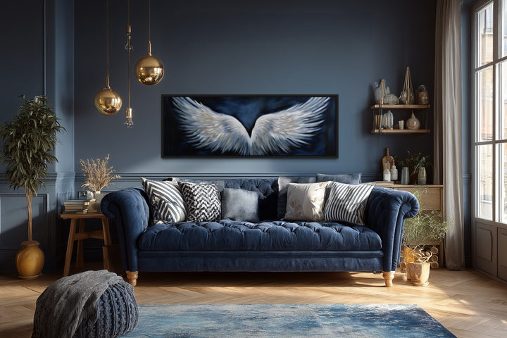 White Angel Wings On Blue Background Horizontal Framed Canvas Above Bed Wall Art