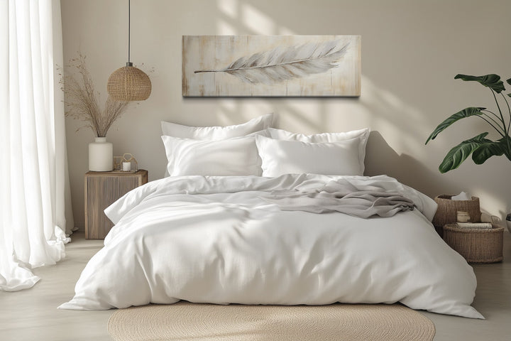 White Feather On Distressed Wood Rustic Long Narrow Wall Art