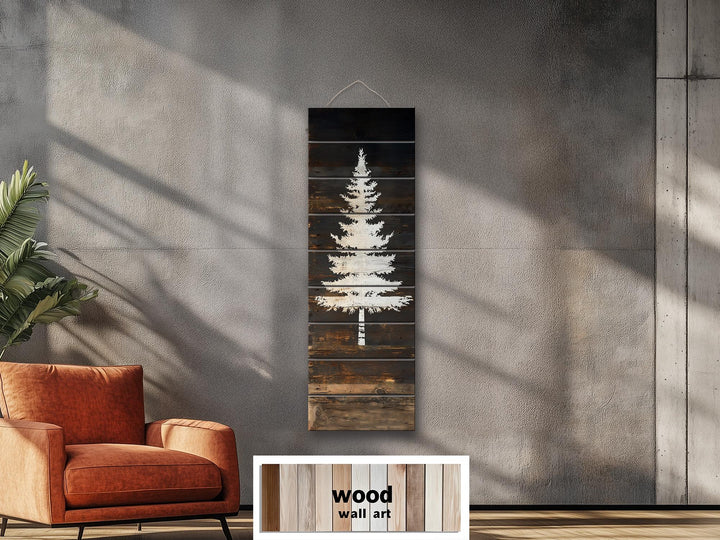 White Fir Tree Painted On Dark Brown Wood Real Wood Vertical Narrow Wall Art