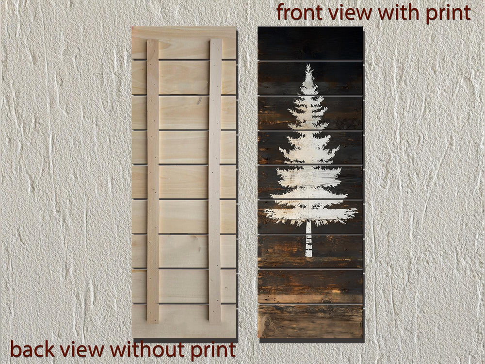 White Fir Tree Painted On Dark Brown Wood Real Wood Vertical Narrow Wall Art