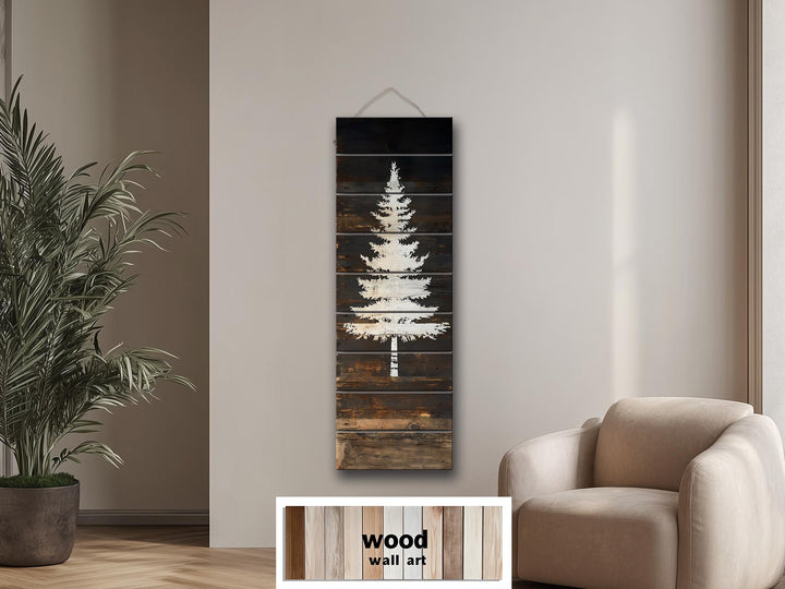 White Fir Tree Painted On Dark Brown Wood Real Wood Vertical Narrow Wall Art
